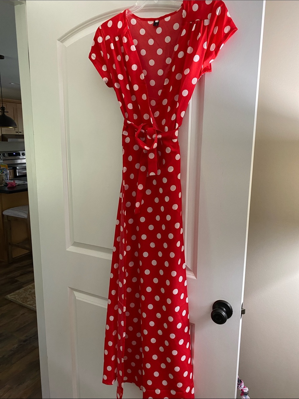 Red Polka Dot Midi Wrap Dress with Tie Waist